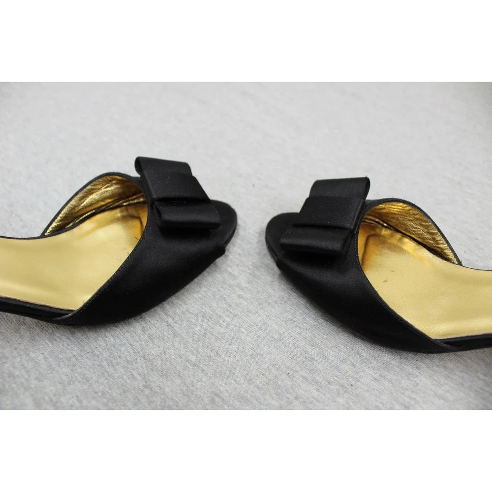 Kate Spade Heels Womens 6.5 Black Satin Peep Toe Bow Slingback Kitten Heel Italy